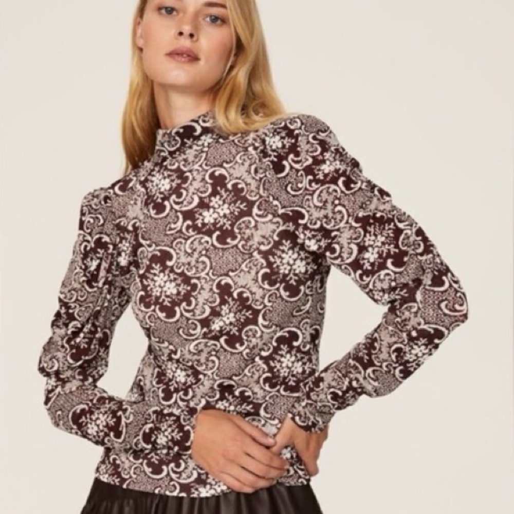 Rebecca Taylor Rochelle Fleur Raisin Mock Neck Mesh Top Long Sleeve Sz Small